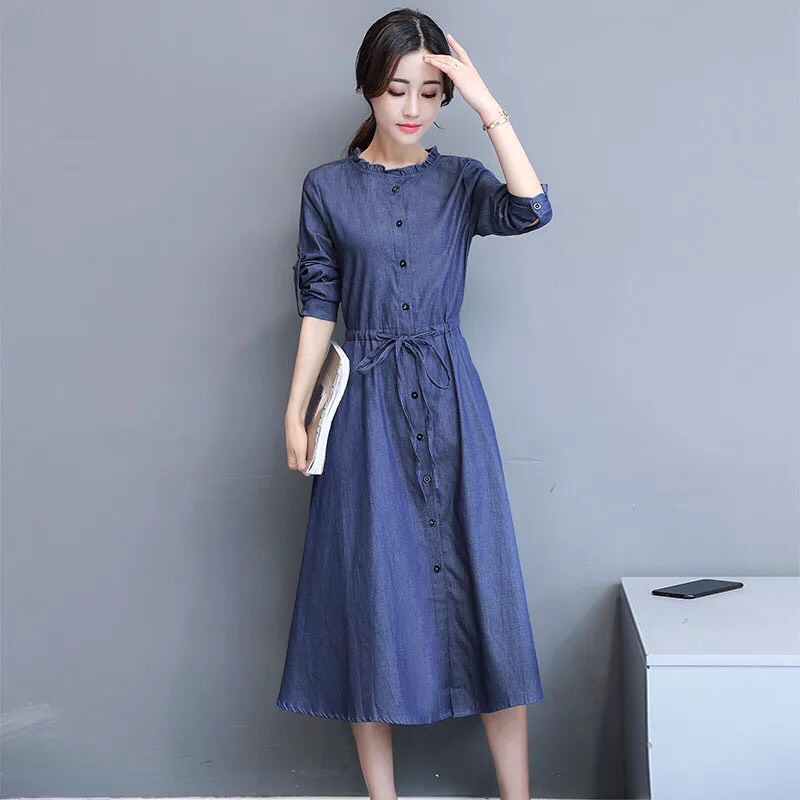 ĐẦM JEAN XÒE TAY DÀI CỔ BÈO TRÒN